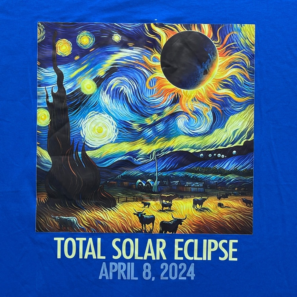 Solar Eclipse 2024 Men cosmic Graphic Tee Blue XL Space Art Galaxy Streetwear